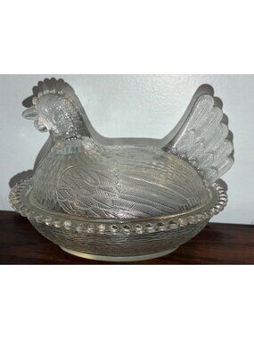 Vintage Indiana Glass Hen On Nest Covered Dish Beaded Edge - Decorative Clear